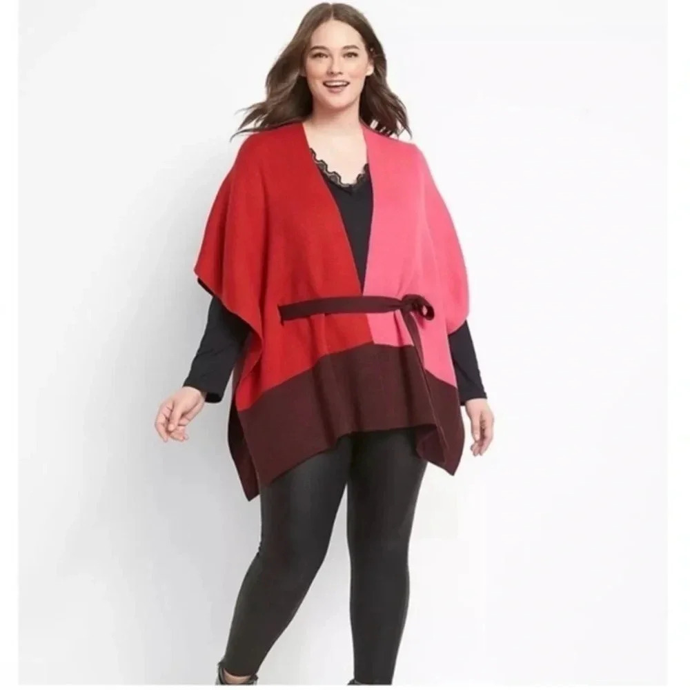 NWT Lane Bryant Color Block Poncho Tie Waist Swea… - image 3